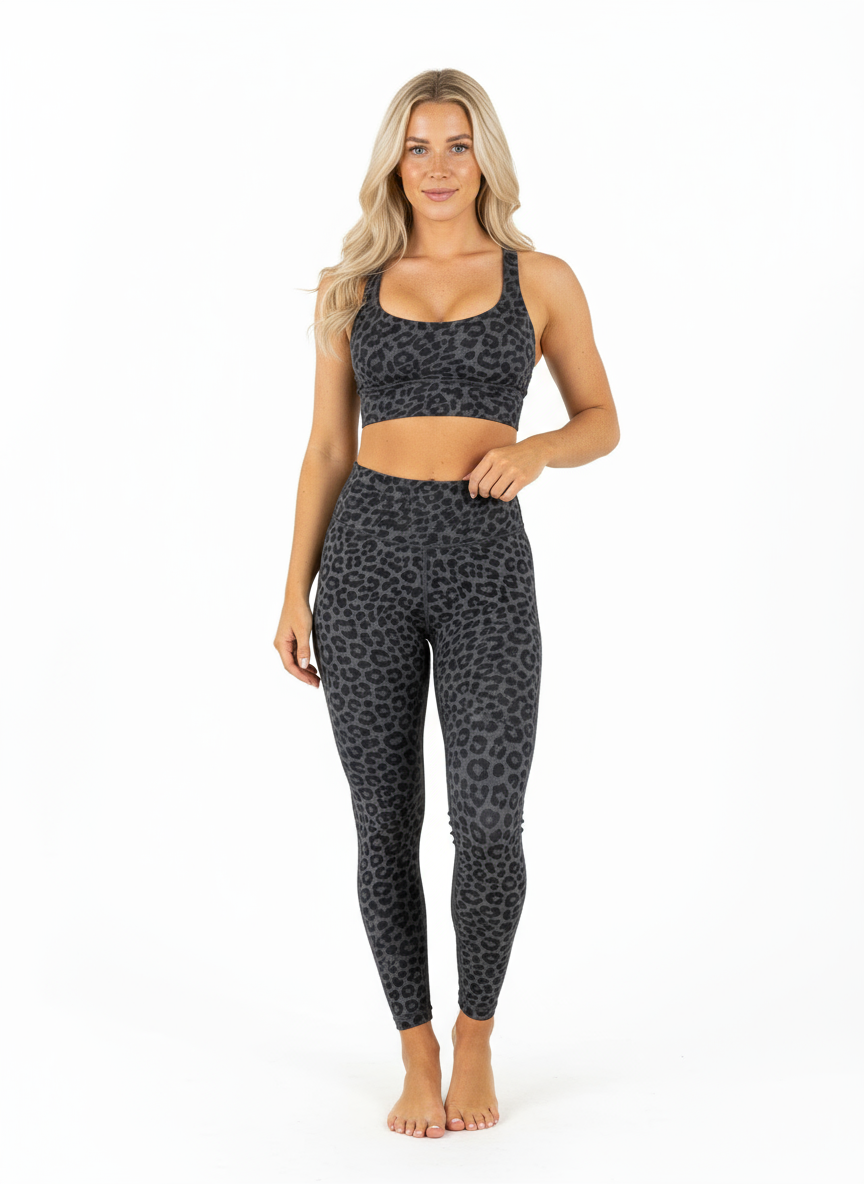 Set Leggings + Sport BH Leopard Grau